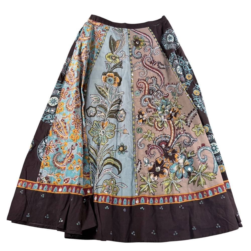 Soft Surroundings Maxi Skirt Womens M Brown Floral Paisley Sequin Embellished